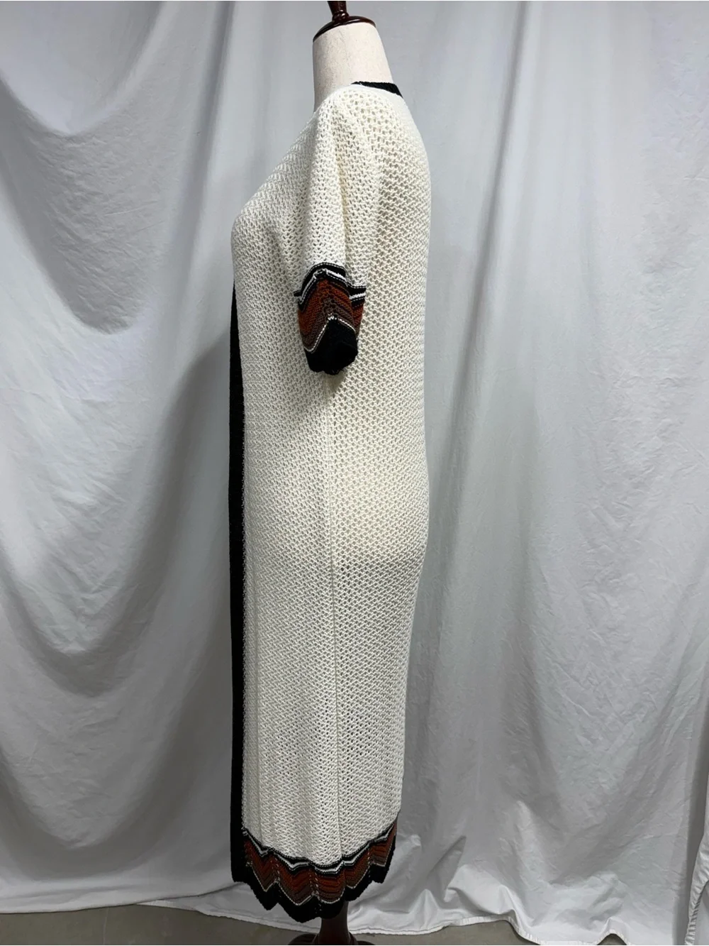 Long Open Knit Cardigan with Zig Zag Contrast Trim